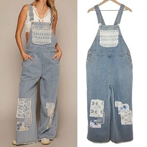 POL Lace Crochet Patchwork Denim Overalls Wide Leg Boho size Large